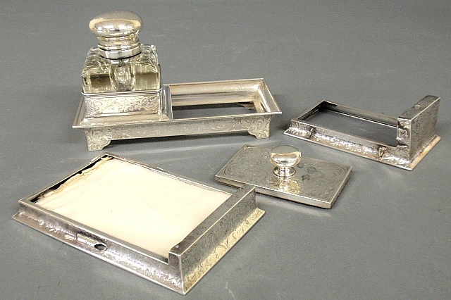 Appraisal: - Etched sterling silver and cut glass inkwell h tog