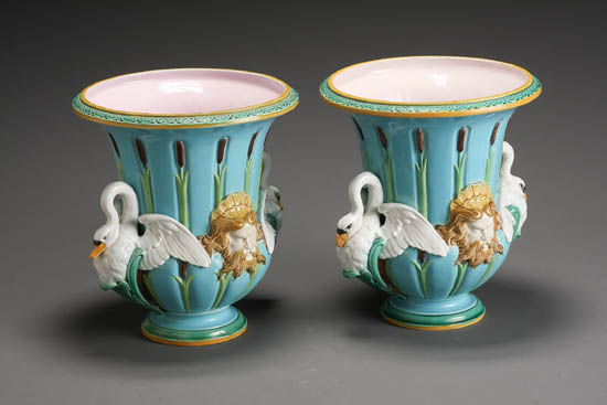 Appraisal: Lot Property of Various Owners Pair of Minton Majolica 'Swan'