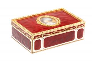 Appraisal: French Enameled Ormolu Portrait Jeweled Snuff Box French late th