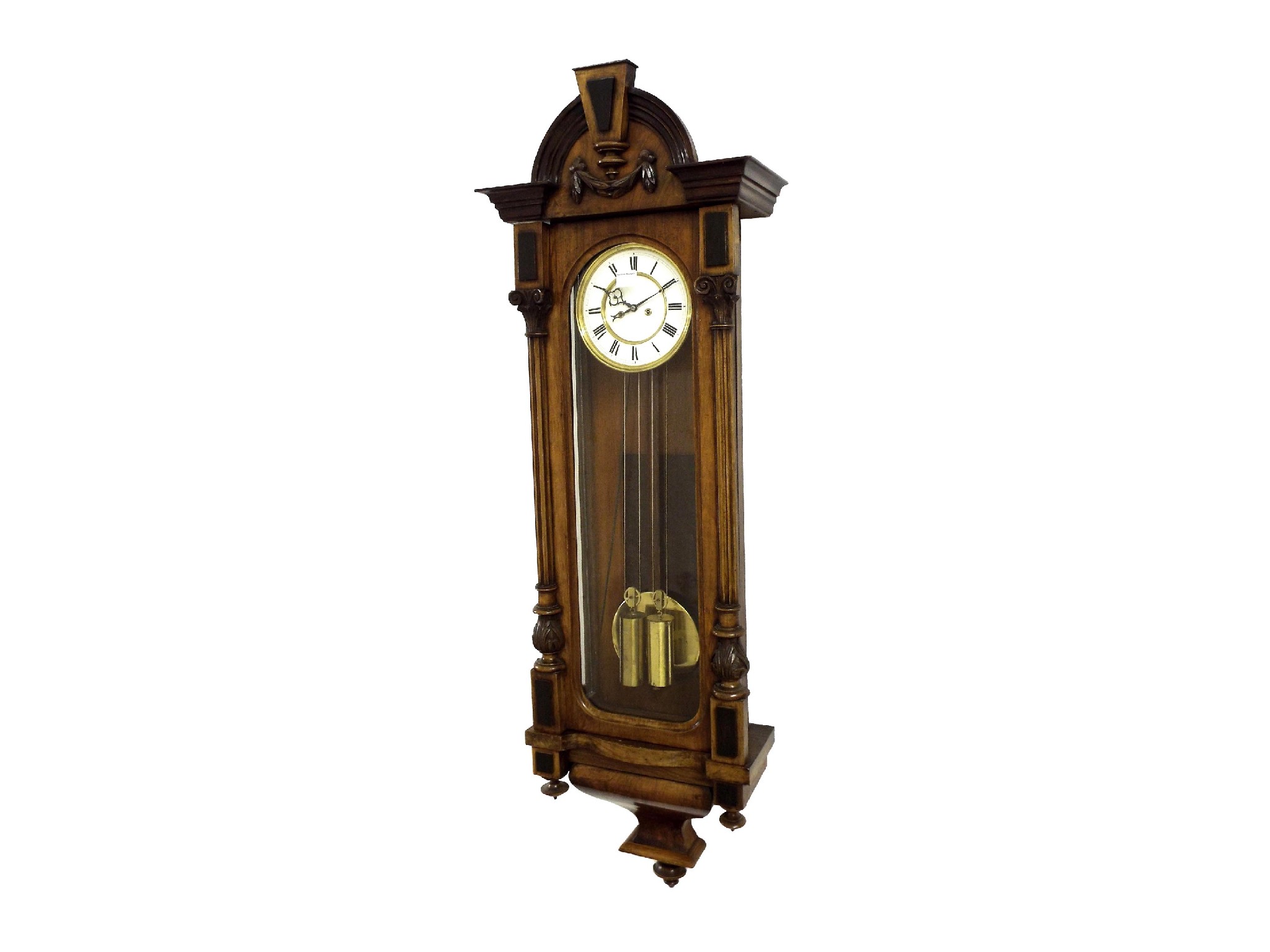 Appraisal: Good walnut and ebonised two train Vienna regulator wall clock