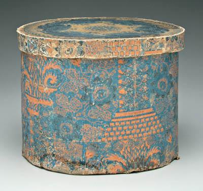 Appraisal: Oval lidded bandbox pasteboard construction with stenciled red and blue