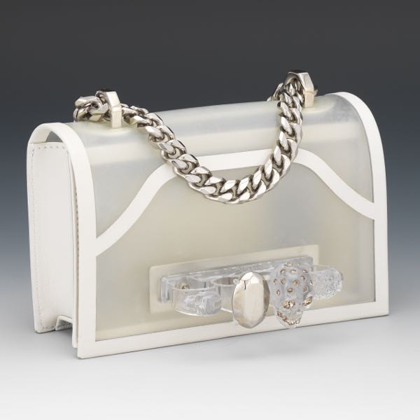 Appraisal: ALEXANDER MCQUEEN MINI JEWELLED WHITE LEATHER TRIMMED TRANSPARENT BAG x