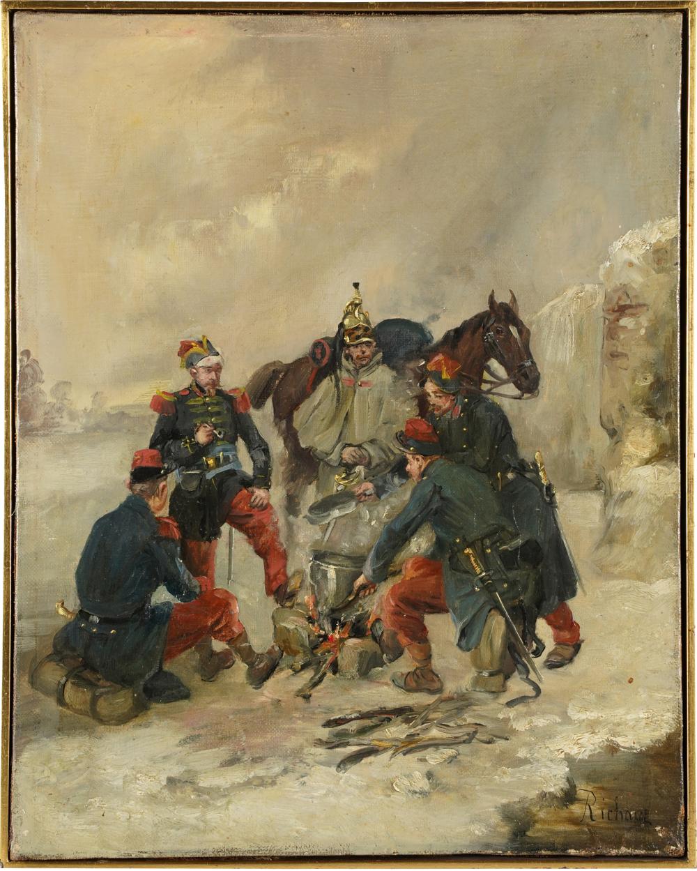 Appraisal: FRENCH SCHOOL SOLDIERS AROUND A FIREoil on canvas signed Richard