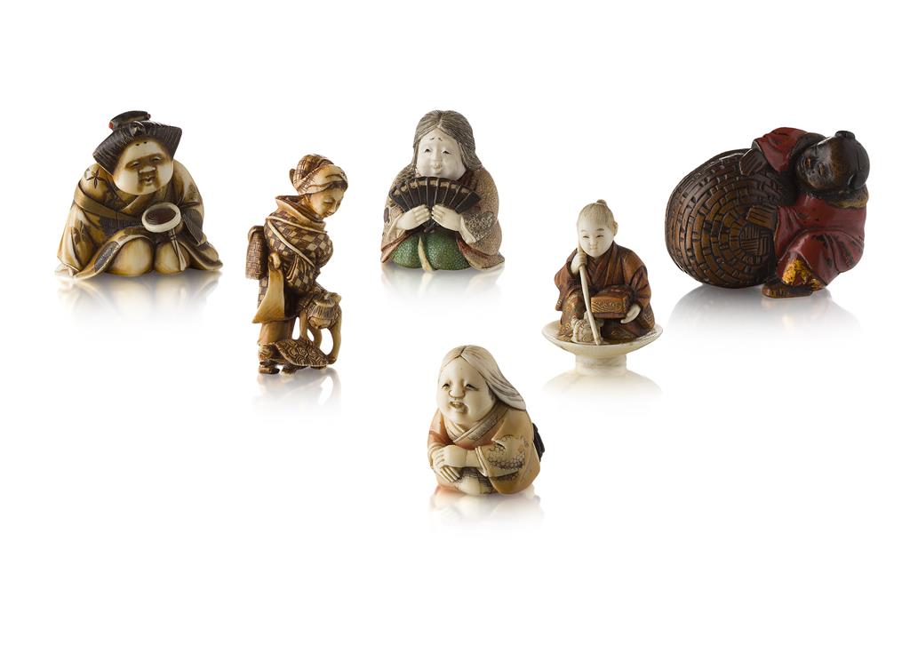 Appraisal: YSIX NETSUKE TH CENTURY five carved of ivory the first