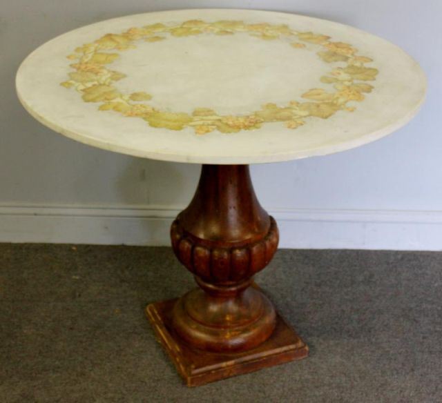 Appraisal: Floral Inlaid Marble Top Center Table with WoodPedestal Base From