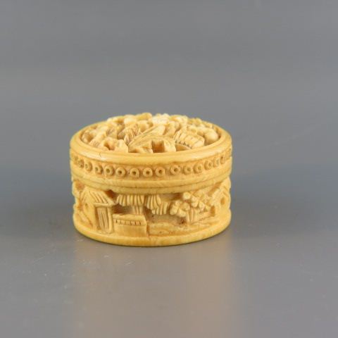 Appraisal: Chinese Carved Ivory Box elaborate scene with villagers screw off