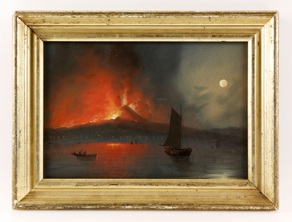 Appraisal: - Erupting Vesuvius in Moonlight Pastel Erupting Vesuvius in moonlight