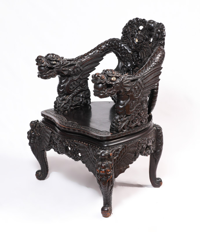 Appraisal: JAPANESE CARVED FIGURAL DRAGON CHAIR Back and arm rests with