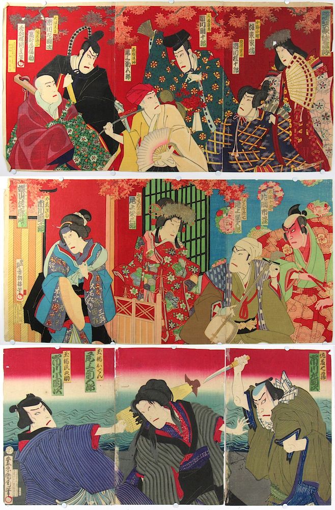 Appraisal: KUNISADA Utagawa Three Kabuki Triptychs of Ichikawa Danjuro Oban triptychs