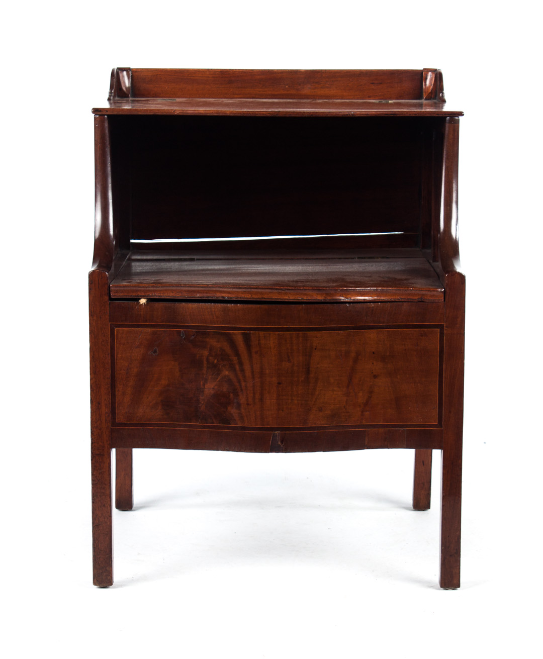 Appraisal: George IV mahogany commode circa inlaid serpentine front shelves lift