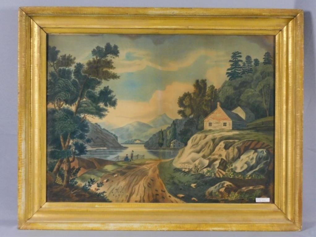 Appraisal: AMERICAN FOLK ART LANDSCAPE WATERCOLOR PAINTING th c Depicts a