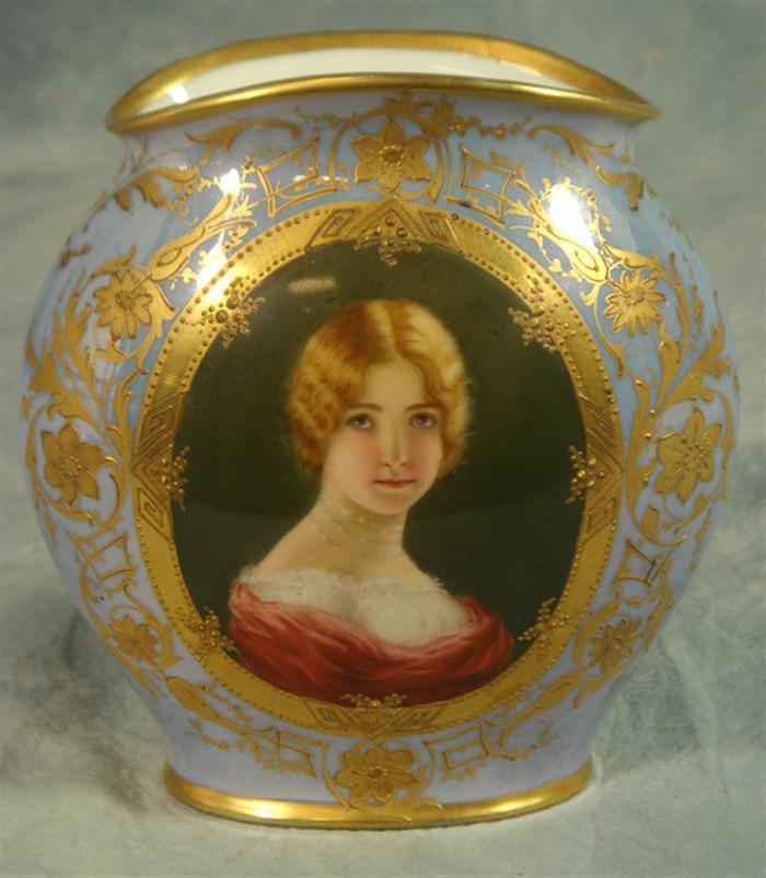 Appraisal: Vienna porcelain HP portrait vase with raised gilt decoration on