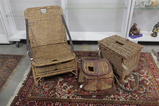 Appraisal: A WOVEN FOLDING CHAIR AND TWO FISHING CREELS Woven chair