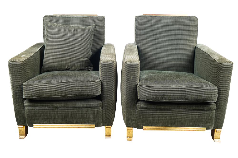 Appraisal: PAIR OF ART DECO STYLE GILT-DECORATED CLUB CHAIRSwith green cut-chenille