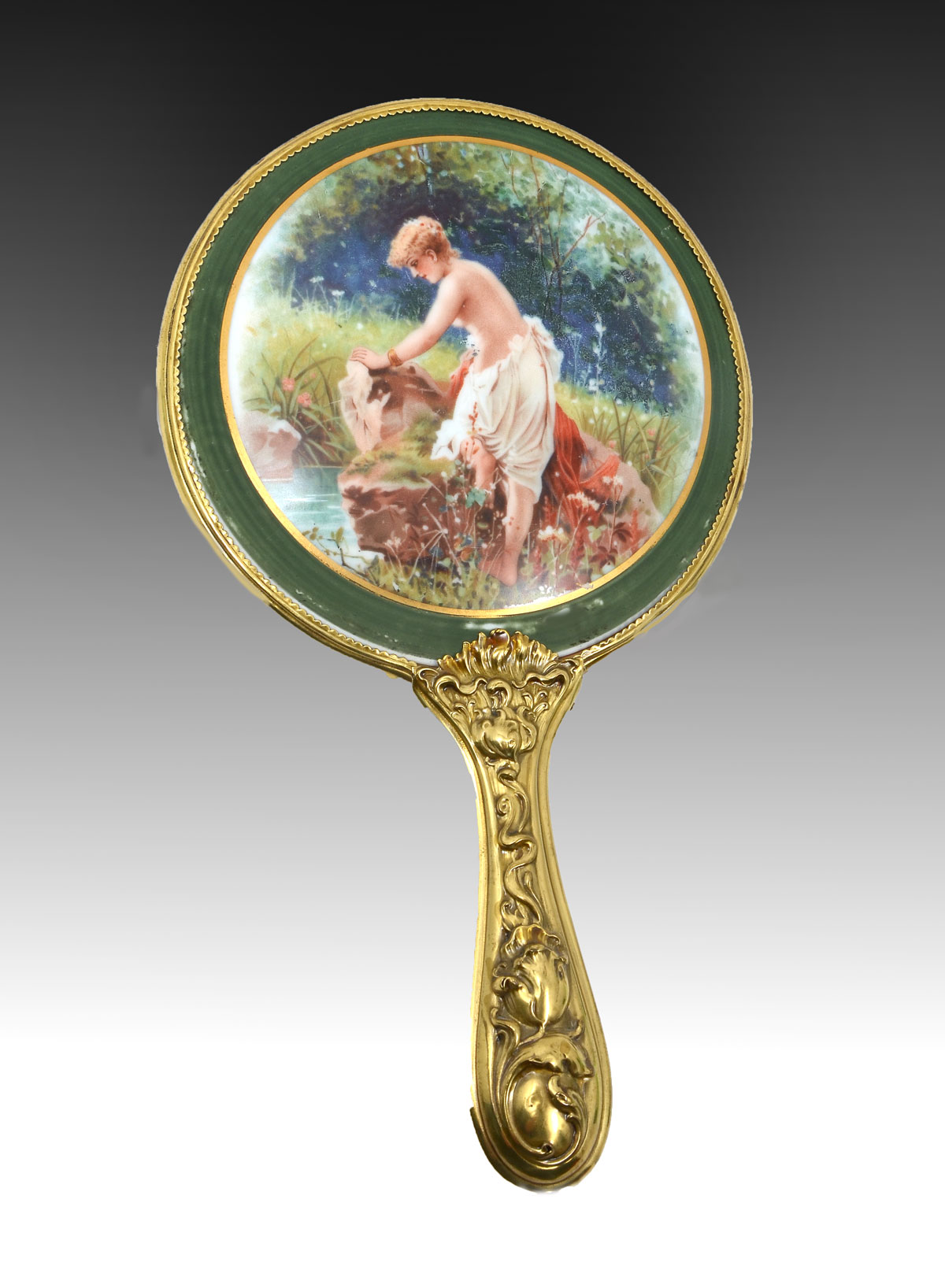 Appraisal: PAINTED PORCELAIN WITH MIRROR Gold wash metal frame with painted