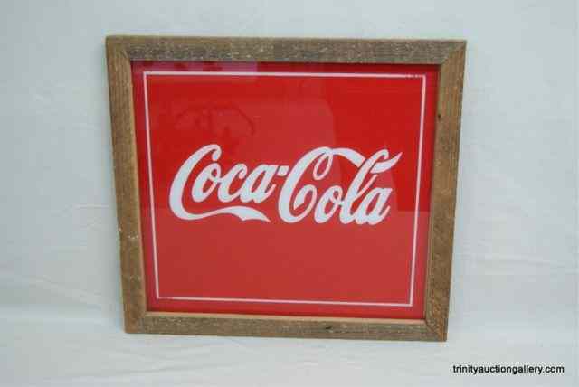 Appraisal: Framed Glass Coca Cola Coke Box LogoWith rough cut barn