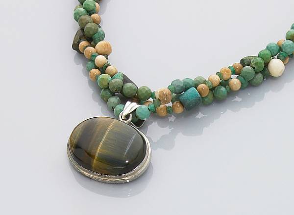 Appraisal: Turquoise Woolly Mammoth Ivory and Emerald Necklace with Tiger-Eye Pendant