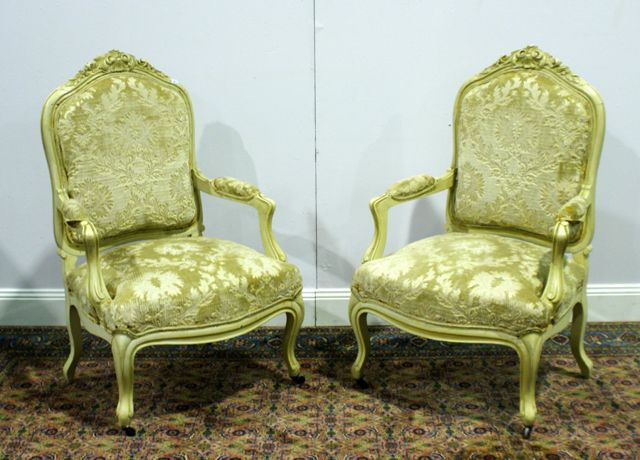 Appraisal: A pair of Louis XV style Painted and upholstered fauteuils