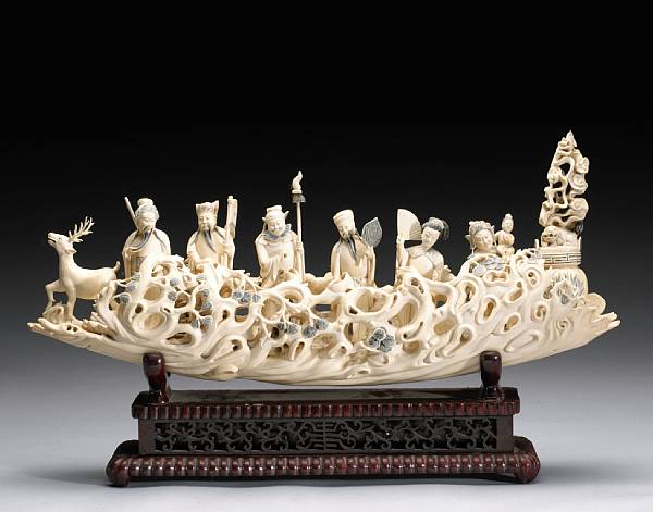 Appraisal: A pieced ivory raft of the immortals th Century The