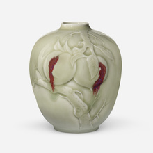 Appraisal: Cliff Lee Vase with peaches USA c hand-carved celadon and