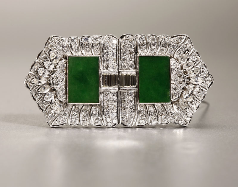 Appraisal: A K white gold jadeite and diamond double clip brooch