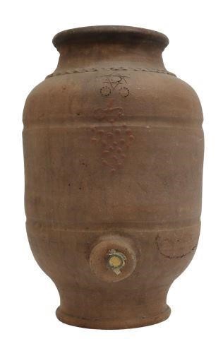 Appraisal: Spanish terracotta water dispenser cylindrical form worked decorative band incised