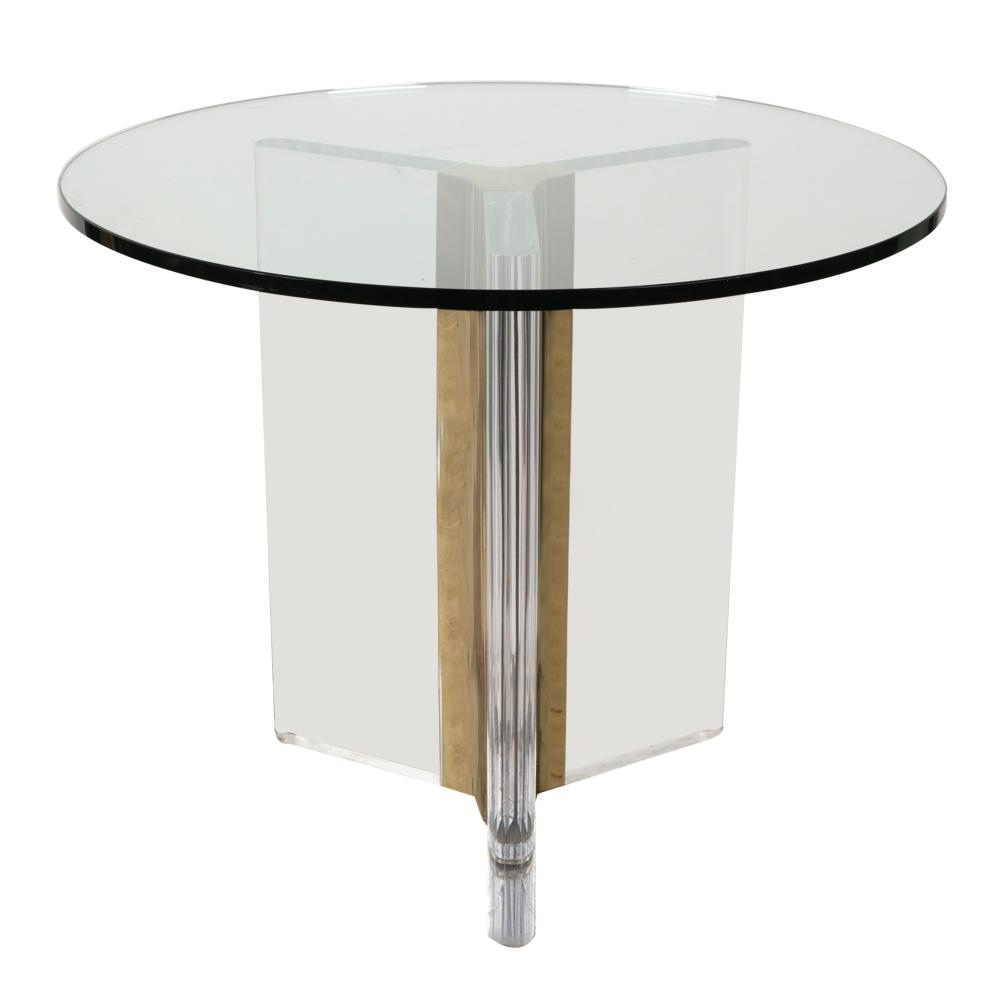 Appraisal: ACRYLIC BRASS GLASS TABLEthe round top with beveled edge raised