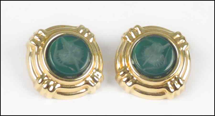 Appraisal: PAIR OF INTAGLIO GREEN ONYX AND KARAT YELLOW GOLD EARCLIPS