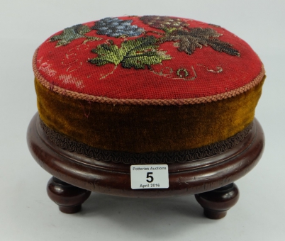 Appraisal: Victorian mahogany upholstered round stool with bead work leaf decoration