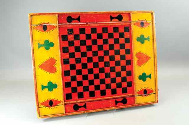 Appraisal: LARGE CHECKERBOARD PARCHESSI WOOD GAME BOARD c an early hand