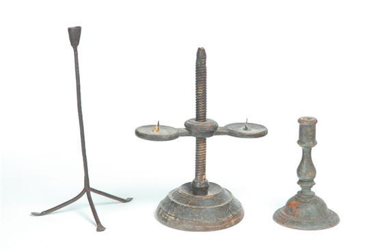 Appraisal: THREE PIECES OF LIGHTING American th century Turned wood candlestick