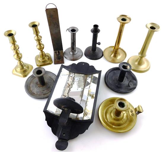 Appraisal: Early lighting accessories eleven pieces including brass candlesticks and white