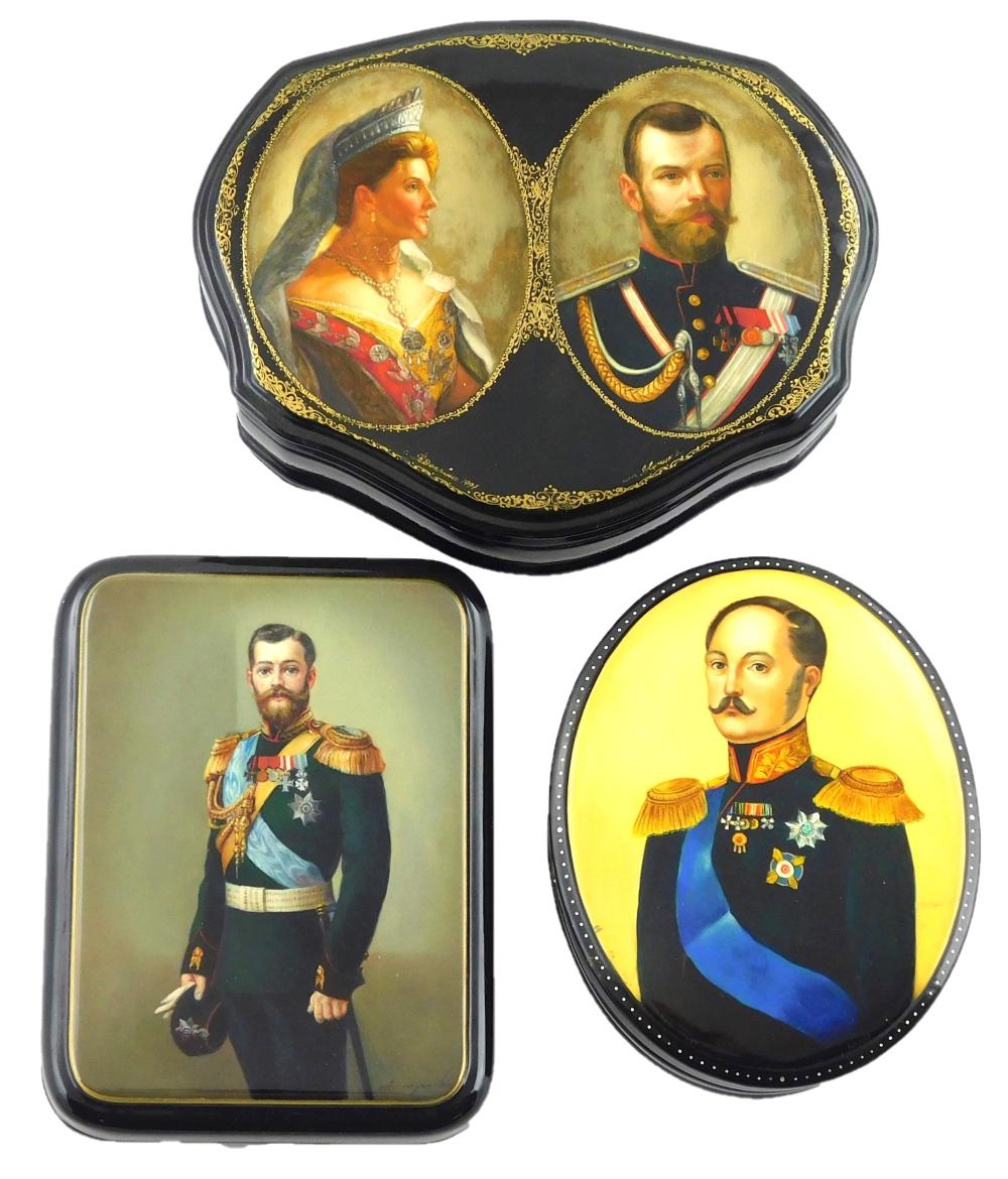 Appraisal: Russian hand-painted lacquer boxes group of three with royal portraits