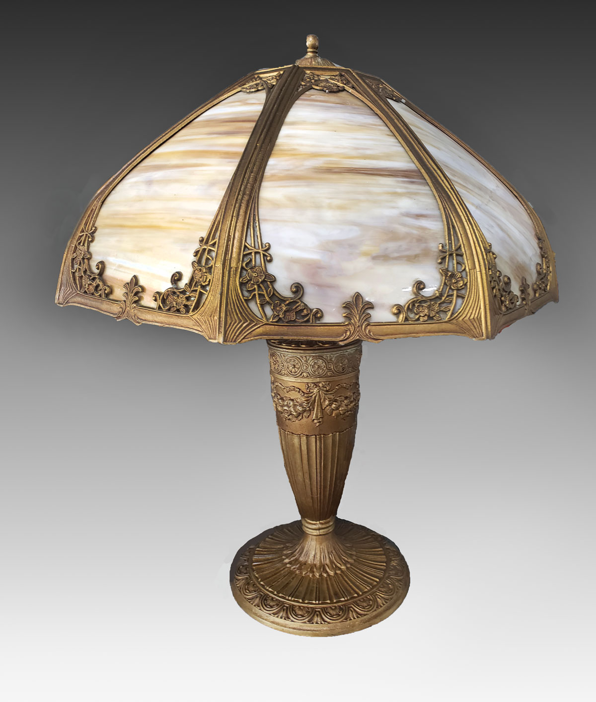 Appraisal: CARAMEL SLAG BENT PANEL GLASS LAMP Art nouveau light table