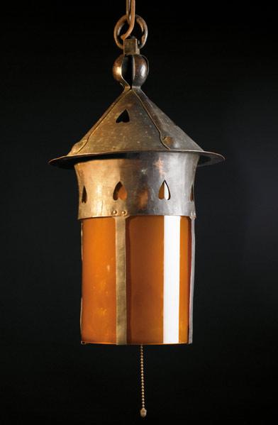 Appraisal: GUSTAV STICKLEY Large hammered copper hanging lantern with amber glass