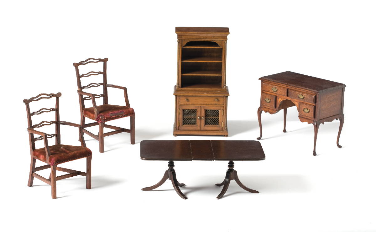 Appraisal: COLLECTION OF MAHOGANY DOLL'S FURNITURE Comprising a double-pedestal banquet table