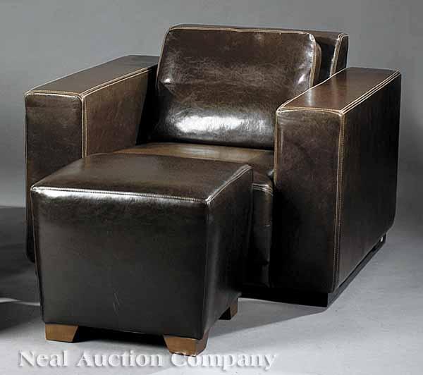 Appraisal: A Contemporary European Leather Chair with Ottoman canted back with