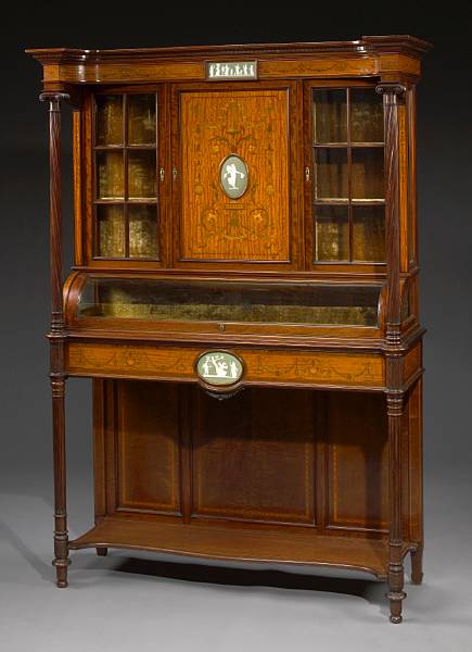 Appraisal: A good quality marquetry inlaid and jasperware mounted satinwood and