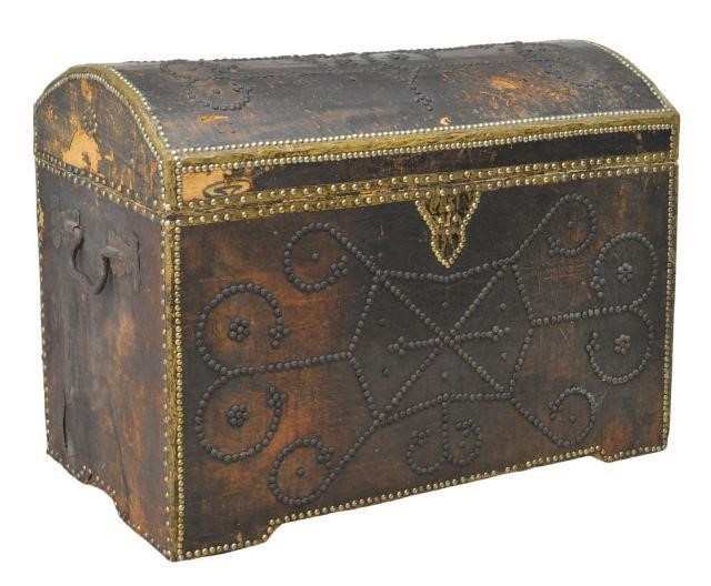 Appraisal: Portuguese Colonial leather-clad trunk th c hinged dome top revealing