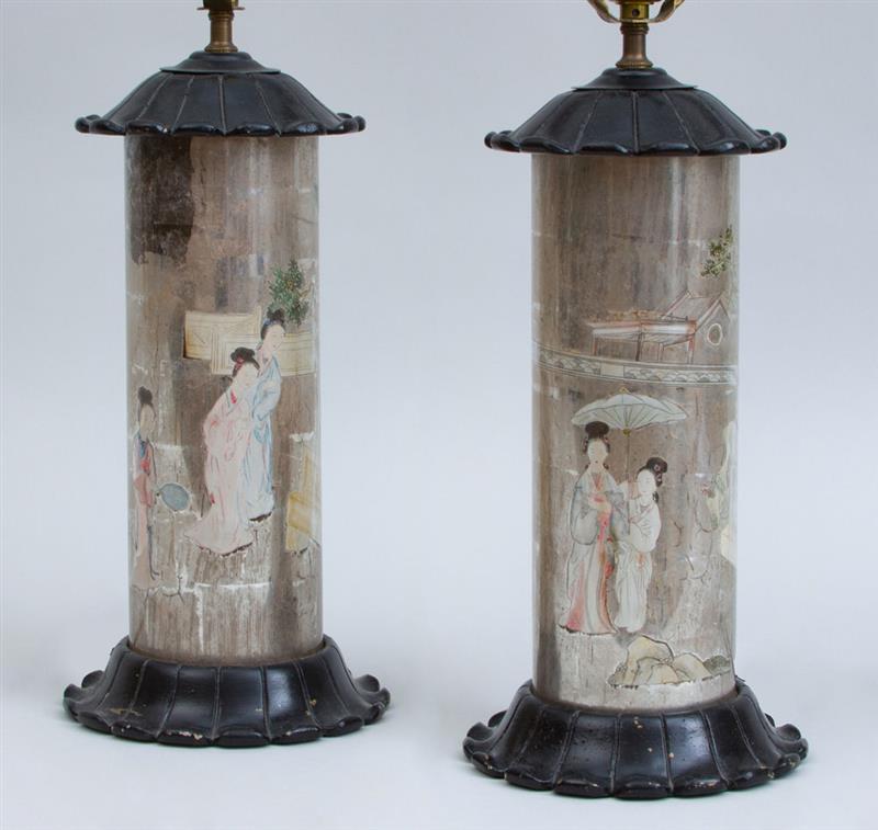 Appraisal: PAIR OF CHINOISERIE SILVERED-GROUND REVERSE PAINTED ON GLASS LAMPS With