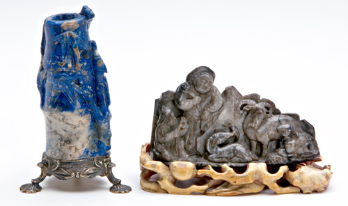 Appraisal: CHINESE CARVED IVORY JADE AND LAPIS LAZULI Carved ivory and