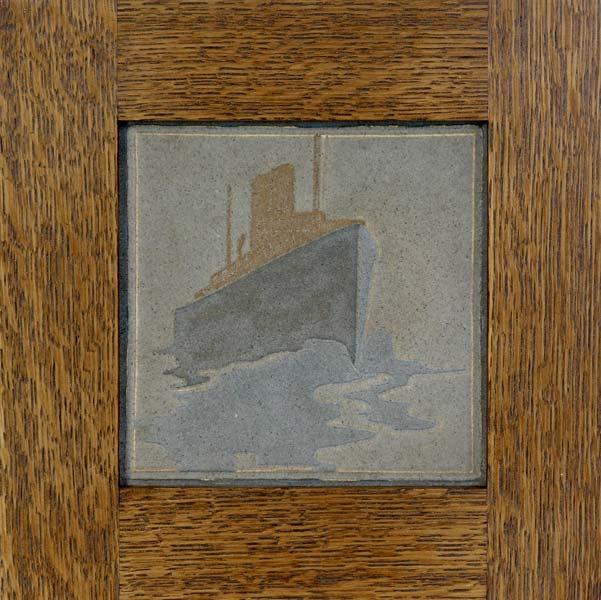 Appraisal: MARBLEHEAD Tile incised with an ocean liner in blues and