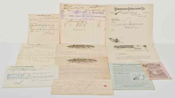 Appraisal: Various Fishing Tackle Ephemera Includes letterheads billheads and circulars from