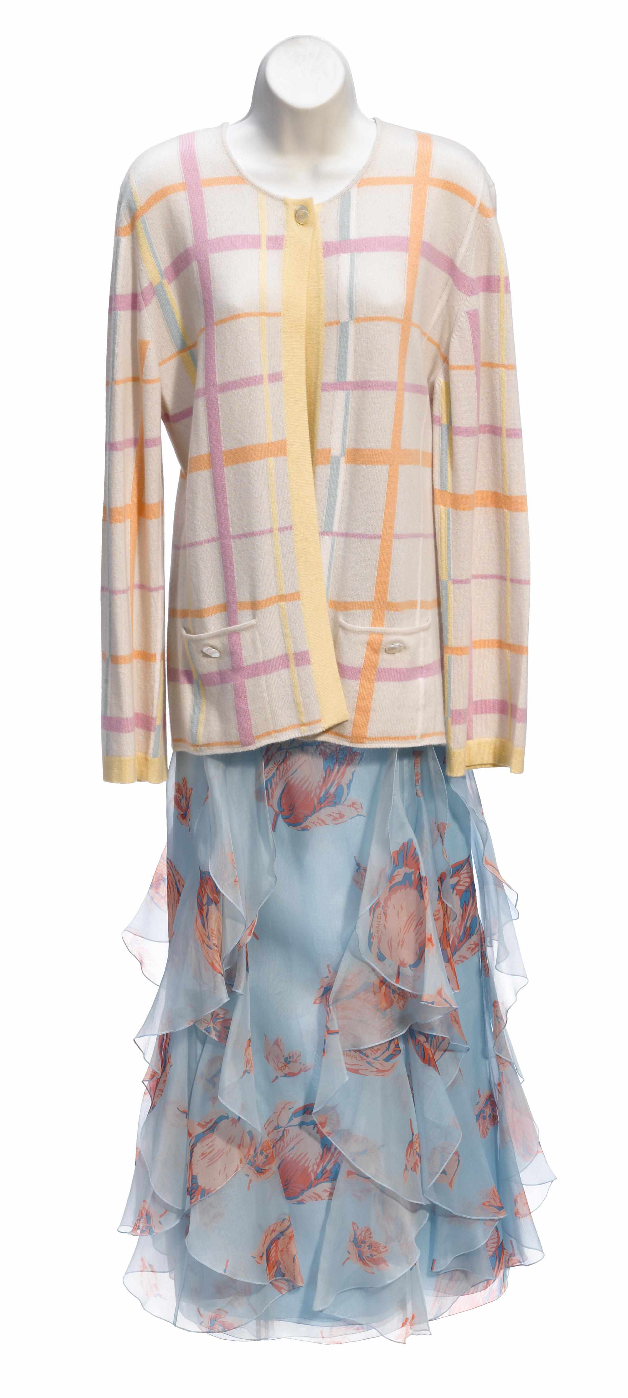 Appraisal: A Chanel flower print chiffon skirt together with light blue