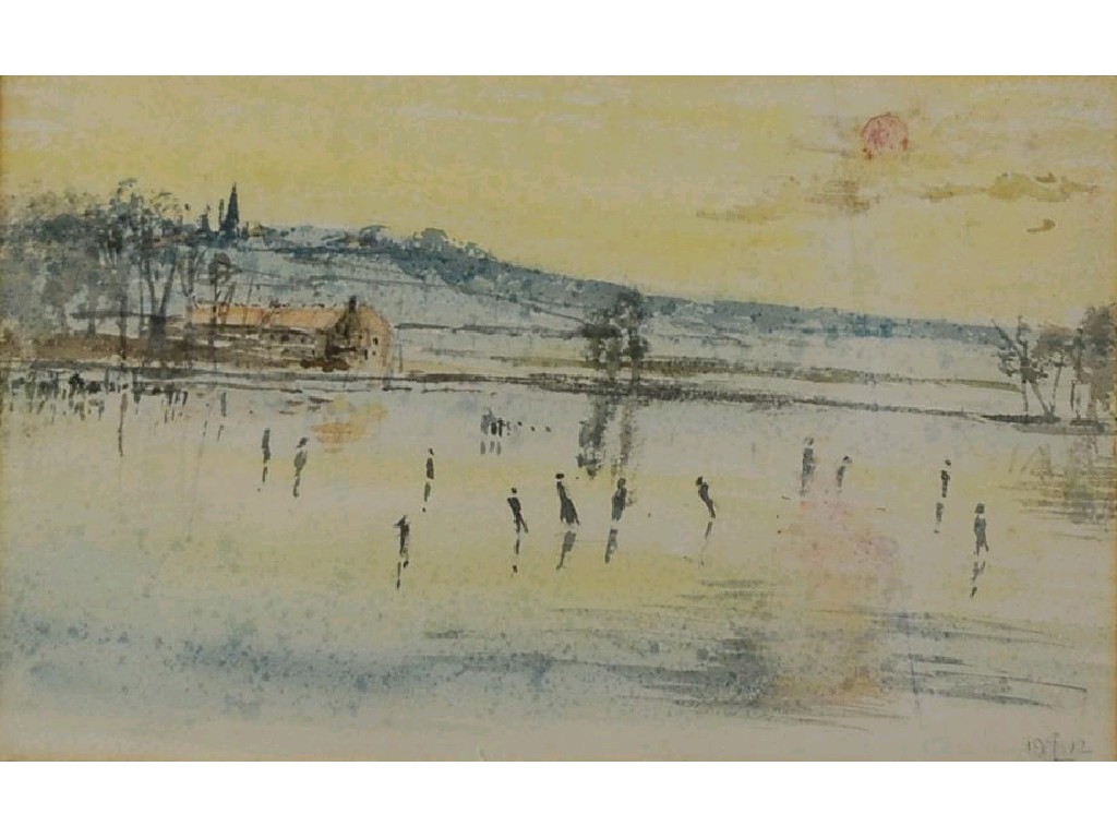 Appraisal: STELLA LANGDALE WATERCOLOUR DRAWING Figure skating on a frozen lake