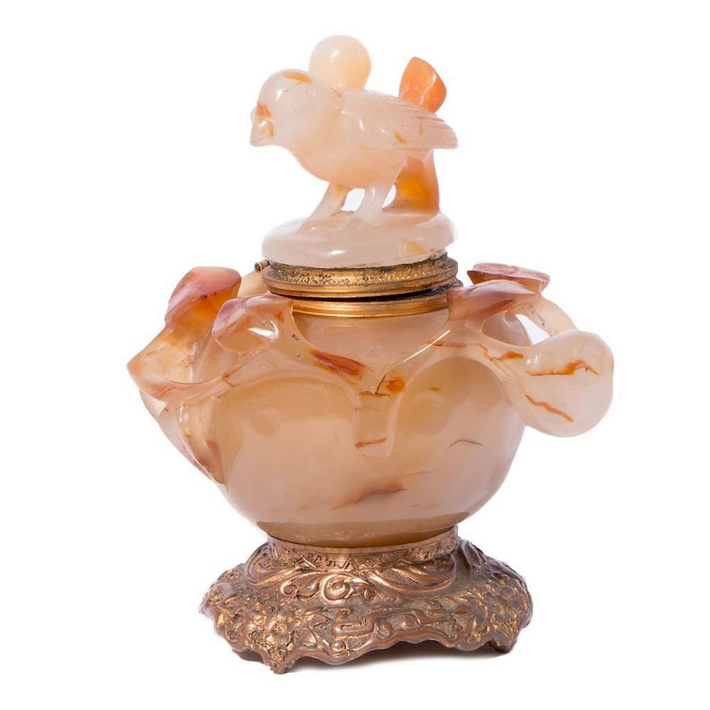 Appraisal: Peach Shape Agate Inkwell with Gilt Bronze Mounts Agate Carved