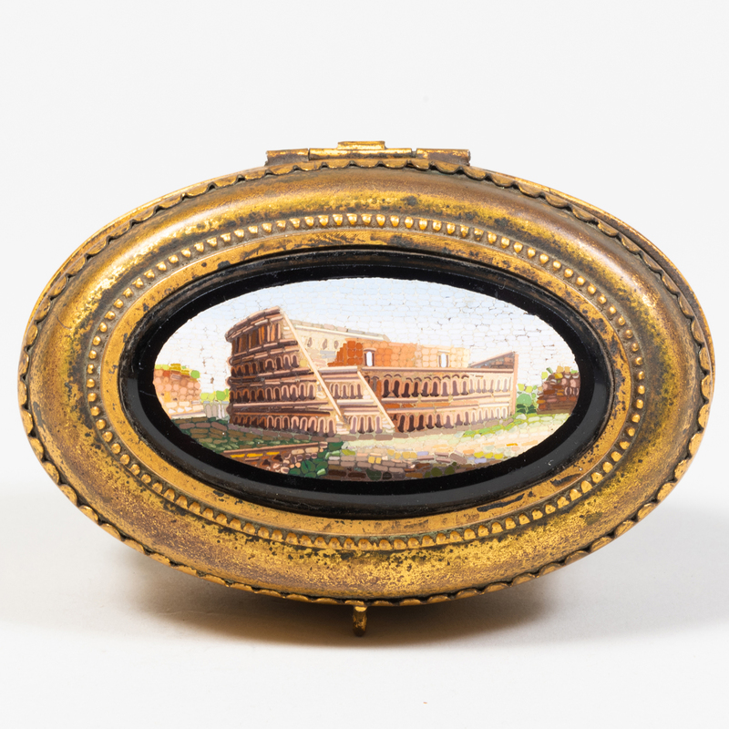 Appraisal: ITALIAN GILT-METAL MICRO MOSAIC BOX Gilt label to the silk