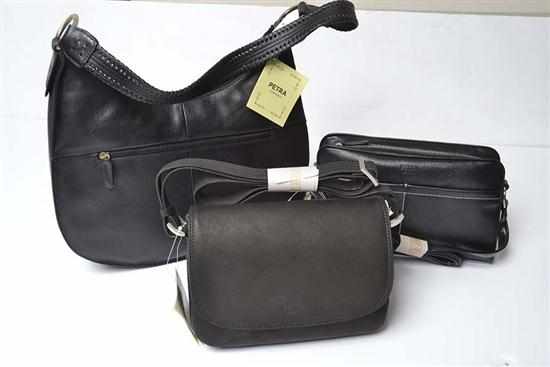 Appraisal: THREE BLACK LEATHER HANDBAGS BY PETRA