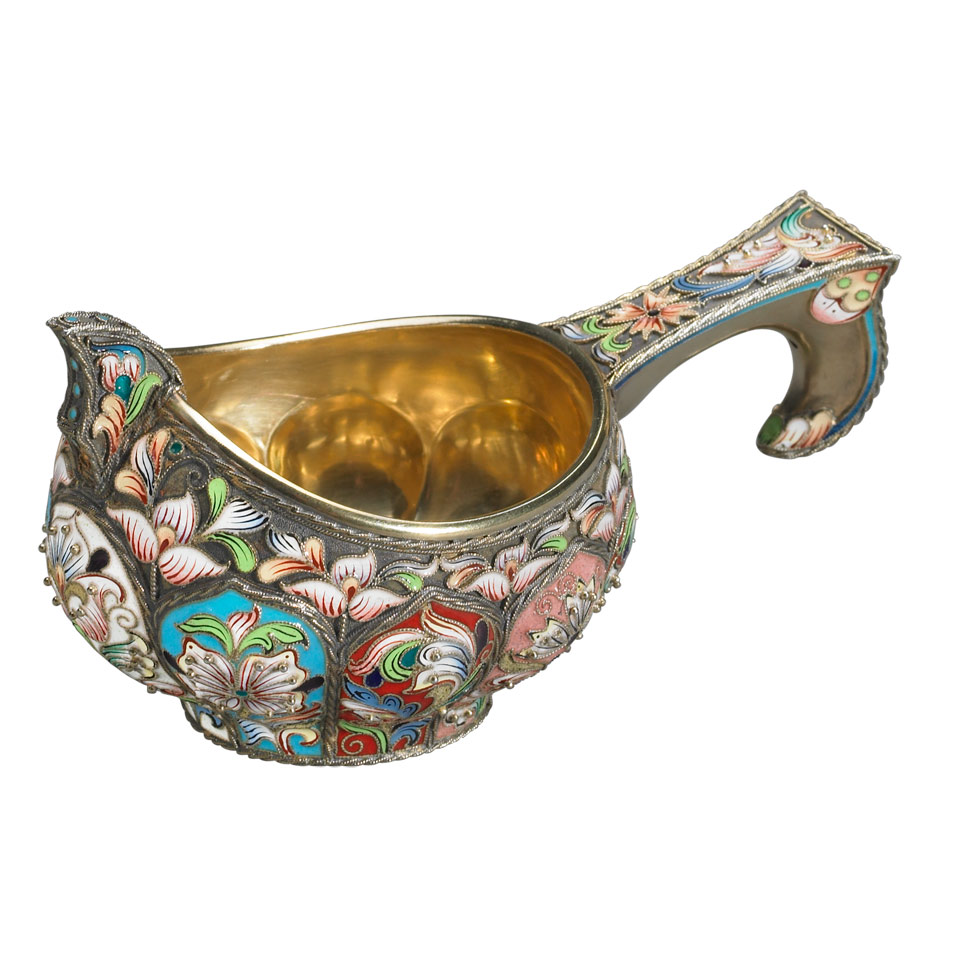 Appraisal: Russian Silver and Cloisonn Enamel Kovsh th Artel Moscow -