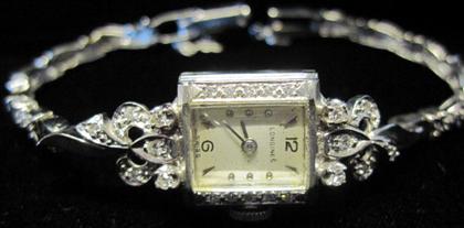 Appraisal: karat white gold and diamond wristwatch Longines Rectangular case silver